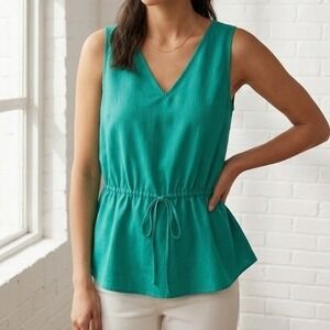 Banana Republic V Neck Peplum Tank Top Womens Medium Green Drawstring Waist Chic